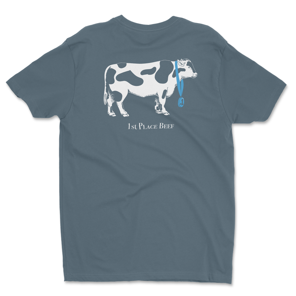 Back of navy Bateau restaurant t-shirt with cow graphic