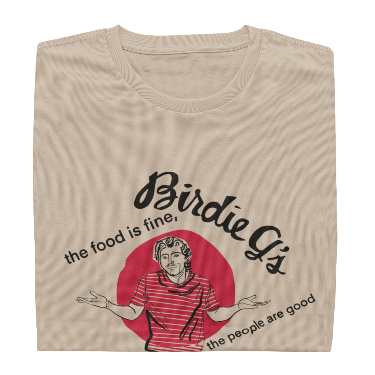 Folded tan Birdie G's restaurant t-shirt with food is fine design