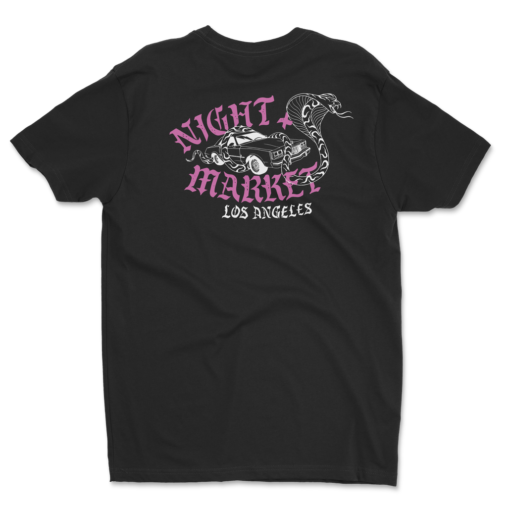 Back view of black Night Market restaurant t-shirt with cobra design