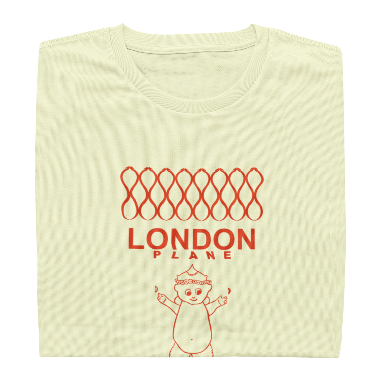 Folded yellow London Plane restaurant t-shirt with cherub design on the front
